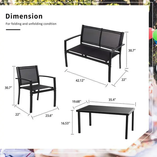 Alt view image 2 of 6 - Shintenchi 4 Pieces Patio Furniture Set All Weather Textile Fabric Outdoor Conversation Set, with Glass Coffee Table, Loveseat, 2 Single Chairs for Home, Garden, Lawn, PorchBlack