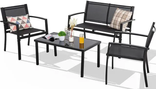 Alt view image 6 of 6 - Shintenchi 4 Pieces Patio Furniture Set All Weather Textile Fabric Outdoor Conversation Set, with Glass Coffee Table, Loveseat, 2 Single Chairs for Home, Garden, Lawn, PorchBlack