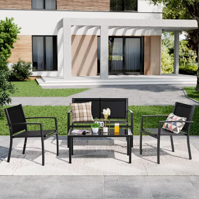 Alt view image 5 of 6 - Shintenchi 4 Pieces Patio Furniture Set All Weather Textile Fabric Outdoor Conversation Set, with Glass Coffee Table, Loveseat, 2 Single Chairs for Home, Garden, Lawn, PorchBlack