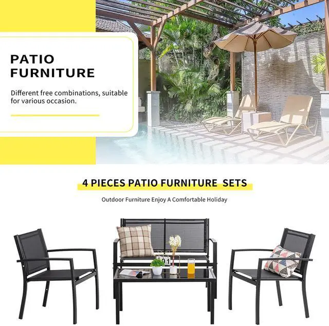 Alt view image 4 of 6 - Shintenchi 4 Pieces Patio Furniture Set All Weather Textile Fabric Outdoor Conversation Set, with Glass Coffee Table, Loveseat, 2 Single Chairs for Home, Garden, Lawn, PorchBlack