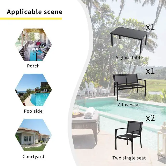 Alt view image 3 of 6 - Shintenchi 4 Pieces Patio Furniture Set All Weather Textile Fabric Outdoor Conversation Set, with Glass Coffee Table, Loveseat, 2 Single Chairs for Home, Garden, Lawn, PorchBlack