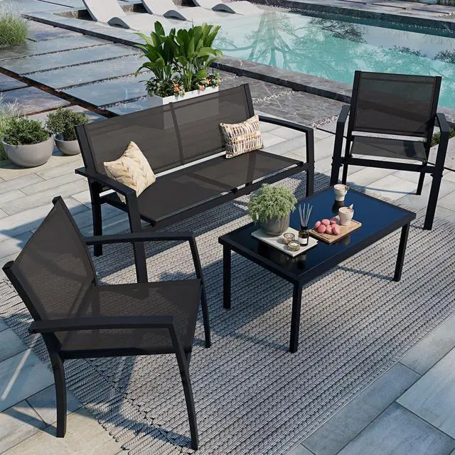 Main image of Shintenchi 4 Pieces Patio Furniture Set All Weather Textile Fabric Outdoor Conversation Set, with Glass Coffee Table, Loveseat, 2 Single Chairs for Home, Garden, Lawn, PorchBlack
