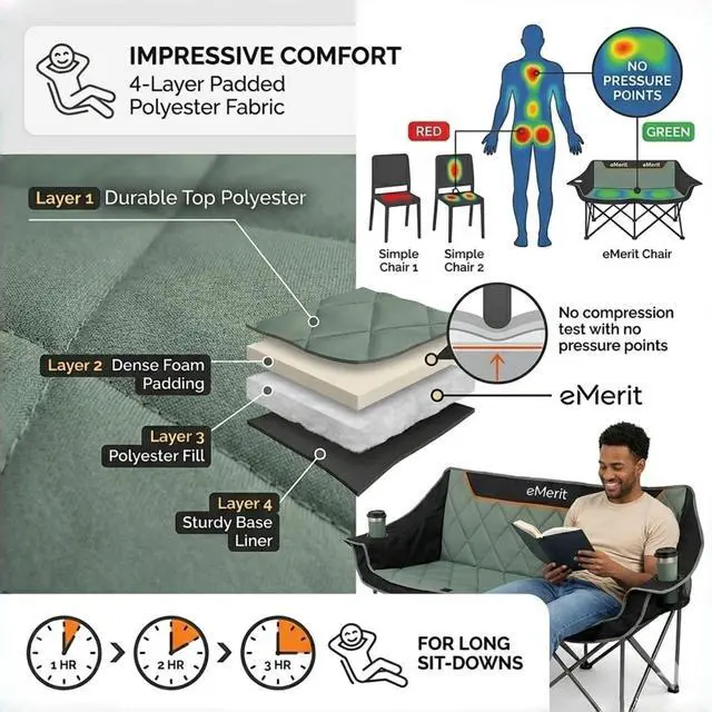 Alt view image 4 of 7 - EMERIT Oversized Fully Padded Camping Chair, Heavy Duty 650LB Folding Camping Loveseat, Quad Fold Double Camping Couch with Cup Holders & Carry Bag for Outdoor, Lawn, Sports Events Black