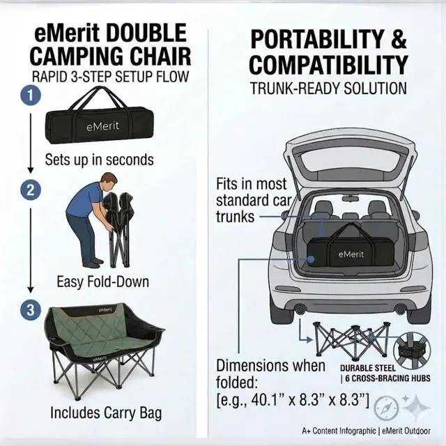 Alt view image 5 of 7 - EMERIT Oversized Fully Padded Camping Chair, Heavy Duty 650LB Folding Camping Loveseat, Quad Fold Double Camping Couch with Cup Holders & Carry Bag for Outdoor, Lawn, Sports Events Black