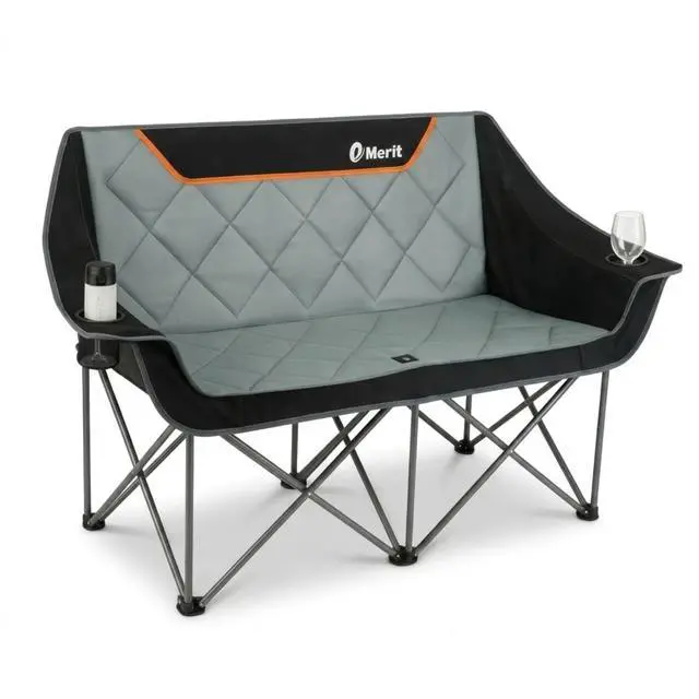 Main image of EMERIT Oversized Fully Padded Camping Chair, Heavy Duty 650LB Folding Camping Loveseat, Quad Fold Double Camping Couch with Cup Holders & Carry Bag for Outdoor, Lawn, Sports Events Black