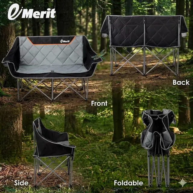 Alt view image 7 of 7 - EMERIT Oversized Fully Padded Camping Chair, Heavy Duty 650LB Folding Camping Loveseat, Quad Fold Double Camping Couch with Cup Holders & Carry Bag for Outdoor, Lawn, Sports Events Black