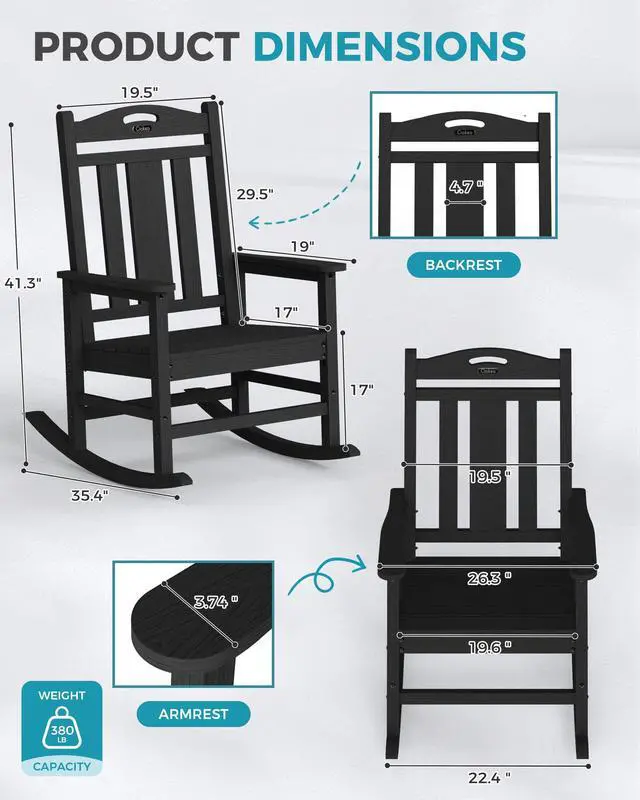 Alt view image 2 of 6 - Ciokea Oversized Outdoor Rocking Chair, 380lbs Heavy-Duty Large Patio Rocker, Weather Resistant & Anti-Fade Porch Chair, High Back Cozy Rocking Chair for Outside, Fire Pit, Deck, Garden, Black