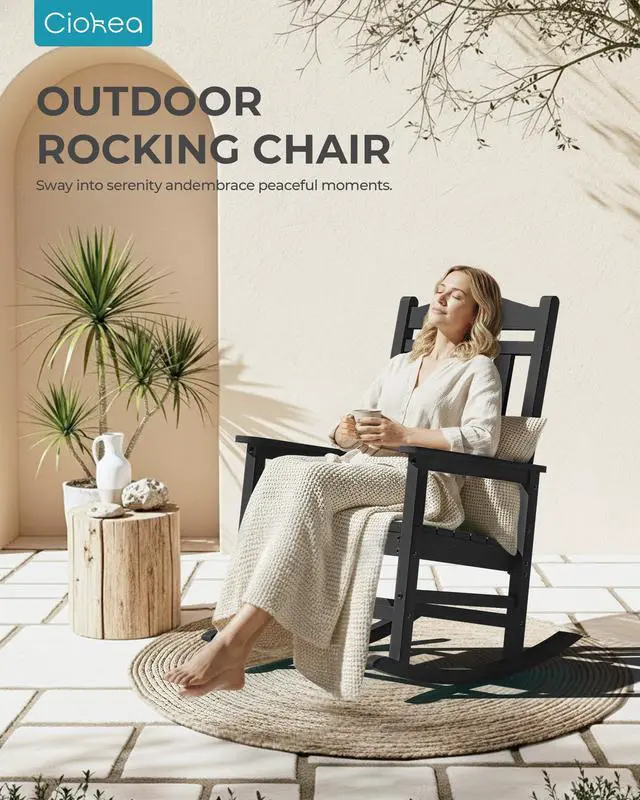 Main image of Ciokea Oversized Outdoor Rocking Chair, 380lbs Heavy-Duty Large Patio Rocker, Weather Resistant & Anti-Fade Porch Chair, High Back Cozy Rocking Chair for Outside, Fire Pit, Deck, Garden, Black