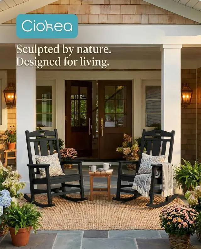 Alt view image 6 of 6 - Ciokea Oversized Outdoor Rocking Chair, 380lbs Heavy-Duty Large Patio Rocker, Weather Resistant & Anti-Fade Porch Chair, High Back Cozy Rocking Chair for Outside, Fire Pit, Deck, Garden, Black