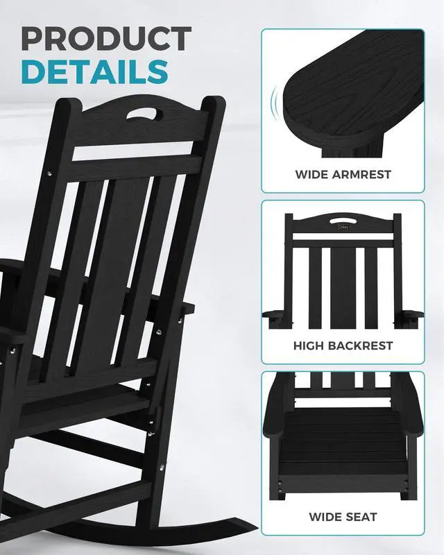 Alt view image 5 of 6 - Ciokea Oversized Outdoor Rocking Chair, 380lbs Heavy-Duty Large Patio Rocker, Weather Resistant & Anti-Fade Porch Chair, High Back Cozy Rocking Chair for Outside, Fire Pit, Deck, Garden, Black