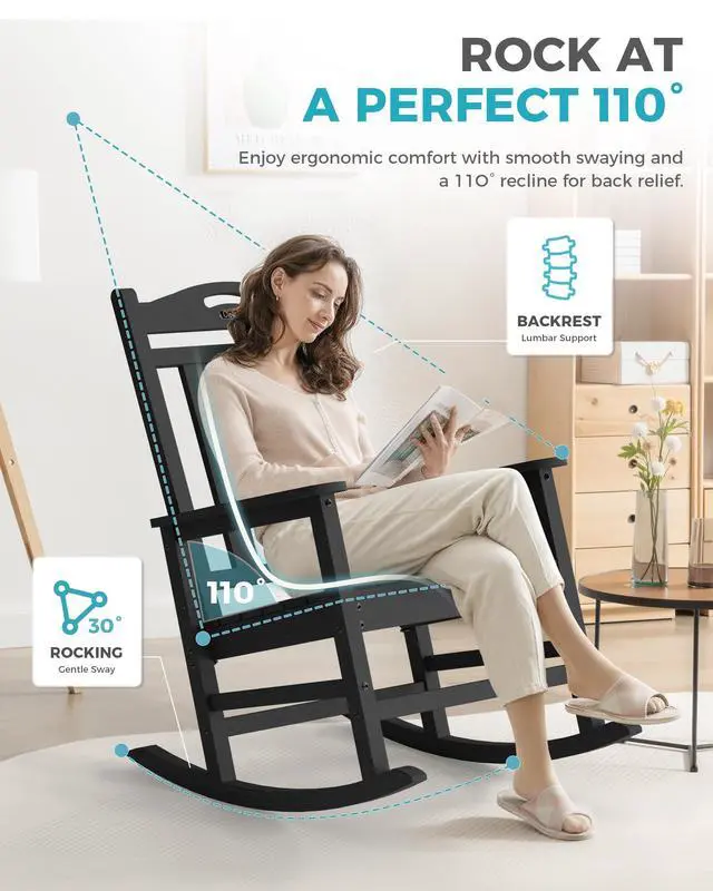 Alt view image 4 of 6 - Ciokea Oversized Outdoor Rocking Chair, 380lbs Heavy-Duty Large Patio Rocker, Weather Resistant & Anti-Fade Porch Chair, High Back Cozy Rocking Chair for Outside, Fire Pit, Deck, Garden, Black