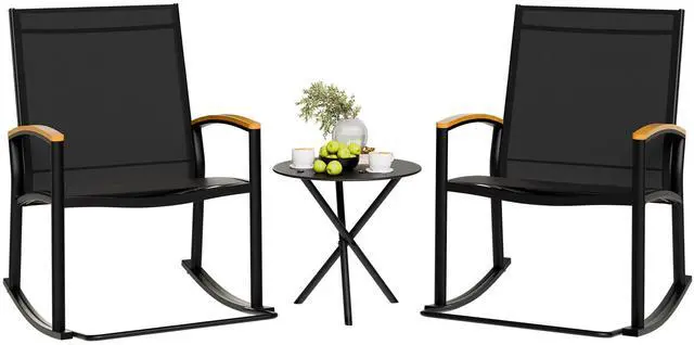 Main image of Shintenchi 3 Piece Outdoor Rocking Bistro Set, Textilene Fabric Small Patio Furniture Set, Front Porch Rocker Chairs Conversation Set with Table for Lawn, Garden, Balcony, Poolside (Black)