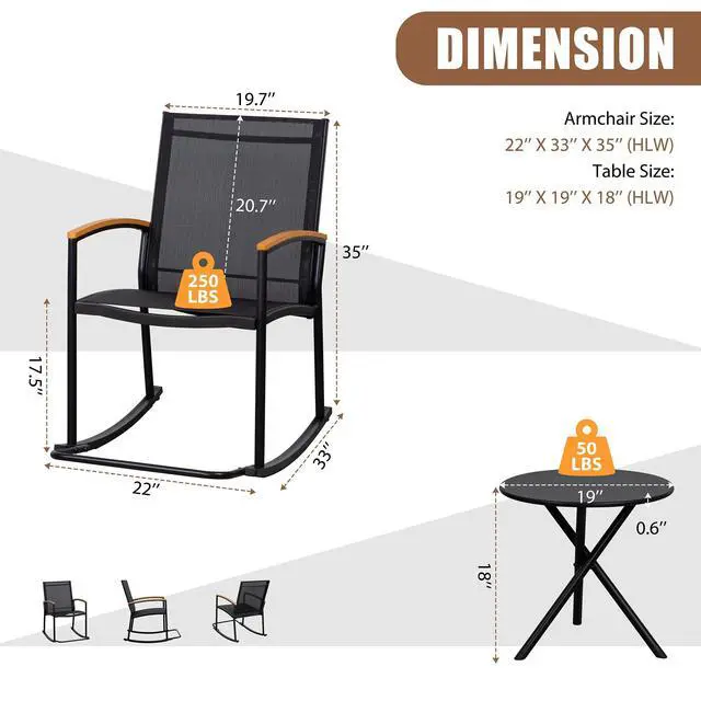 Alt view image 3 of 4 - Shintenchi 3 Piece Outdoor Rocking Bistro Set, Textilene Fabric Small Patio Furniture Set, Front Porch Rocker Chairs Conversation Set with Table for Lawn, Garden, Balcony, Poolside (Black)