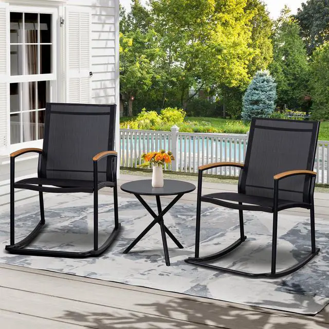 Alt view image 4 of 4 - Shintenchi 3 Piece Outdoor Rocking Bistro Set, Textilene Fabric Small Patio Furniture Set, Front Porch Rocker Chairs Conversation Set with Table for Lawn, Garden, Balcony, Poolside (Black)