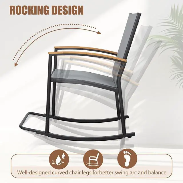 Alt view image 2 of 7 - Shintenchi 3 Piece Outdoor Rocking Bistro Set, Textilene Fabric Small Patio Furniture Set, Front Porch Rocker Chairs Conversation Set with Table for Lawn, Garden, Balcony, Poolside (Light Gray)