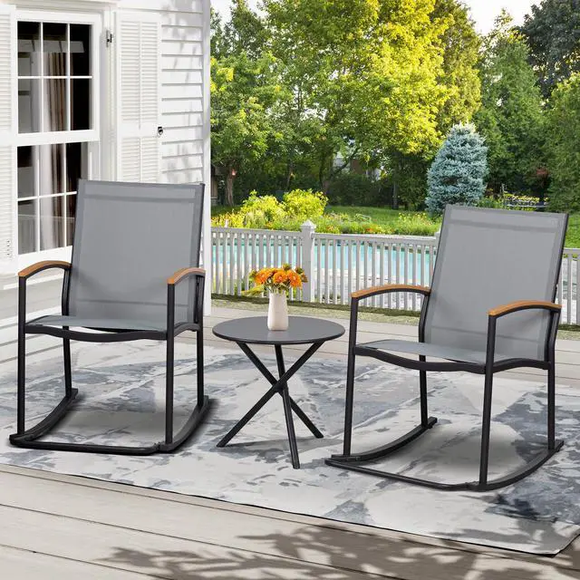 Alt view image 7 of 7 - Shintenchi 3 Piece Outdoor Rocking Bistro Set, Textilene Fabric Small Patio Furniture Set, Front Porch Rocker Chairs Conversation Set with Table for Lawn, Garden, Balcony, Poolside (Light Gray)