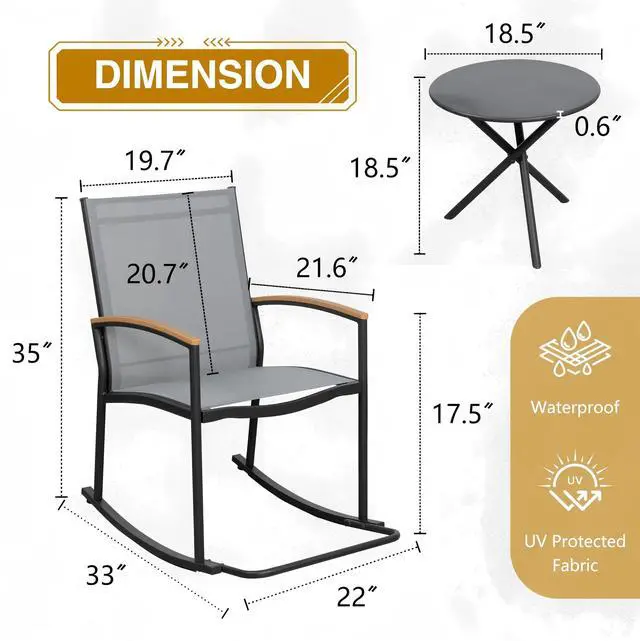 Alt view image 6 of 7 - Shintenchi 3 Piece Outdoor Rocking Bistro Set, Textilene Fabric Small Patio Furniture Set, Front Porch Rocker Chairs Conversation Set with Table for Lawn, Garden, Balcony, Poolside (Light Gray)