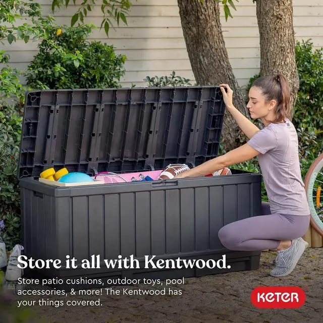 Alt view image 2 of 7 - Keter Kentwood 92 Gallon Resin Deck Box-Organization and Storage for Patio Furniture Outdoor Cushions, Throw Pillows, Garden Tools and Pool Floats, Dark Grey