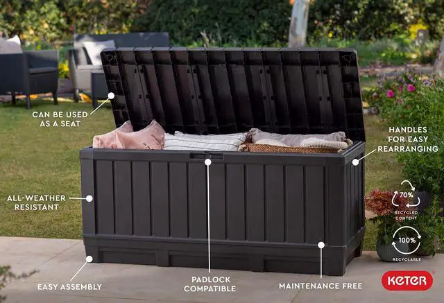 Alt view image 4 of 7 - Keter Kentwood 92 Gallon Resin Deck Box-Organization and Storage for Patio Furniture Outdoor Cushions, Throw Pillows, Garden Tools and Pool Floats, Dark Grey