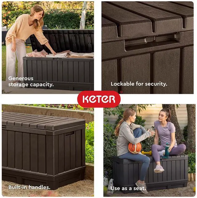 Alt view image 5 of 7 - Keter Kentwood 92 Gallon Resin Deck Box-Organization and Storage for Patio Furniture Outdoor Cushions, Throw Pillows, Garden Tools and Pool Floats, Dark Grey