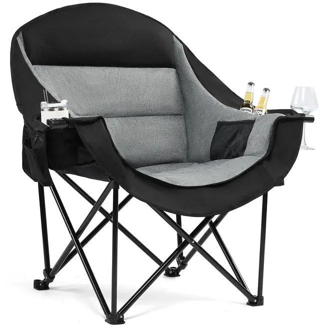 Main image of Oversized Camping Chairs for Adults - Heavy Duty Padded Outdoor Folding Lawn XL Camp Chair with Cup Holder Cooler Pockets for Outside Sports Beach Fishing Garden Portable Supports 500lbs, Black