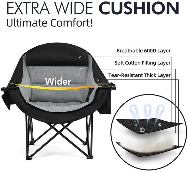Alt view image 3 of 7 - Oversized Camping Chairs for Adults - Heavy Duty Padded Outdoor Folding Lawn XL Camp Chair with Cup Holder Cooler Pockets for Outside Sports Beach Fishing Garden Portable Supports 500lbs, Black