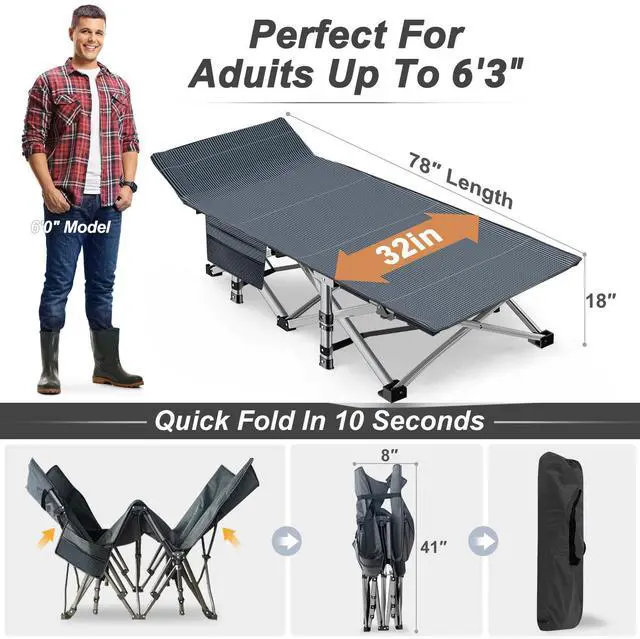 Alt view image 6 of 7 - ABORON XXL Camping Cot for Adults, Oversized 78"×32" Folding Camping Bed, 900LBS Heavy Duty Outdoor Sleeping Cot with Mattress Pad, 1200D Oxford, Portable with Carry Bag