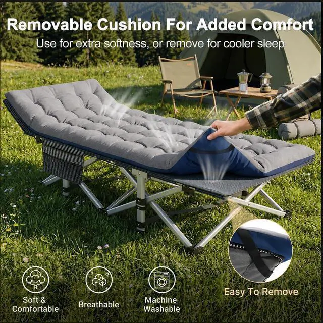 Alt view image 5 of 7 - ABORON XXL Camping Cot for Adults, Oversized 78"×32" Folding Camping Bed, 900LBS Heavy Duty Outdoor Sleeping Cot with Mattress Pad, 1200D Oxford, Portable with Carry Bag