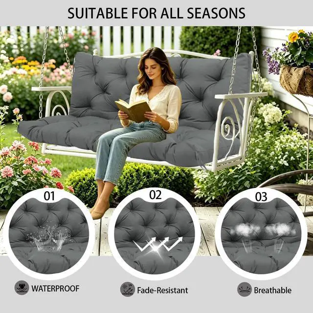 Alt view image 2 of 7 - MVRFN 5 Inch Thick Waterproof Patio Porch Swing Cushions, 60x40 Inch 3 Seater Replacement Cushion with Backrest & 8 Ties, Fade-Resistant Outdoor Bench Swing Pad