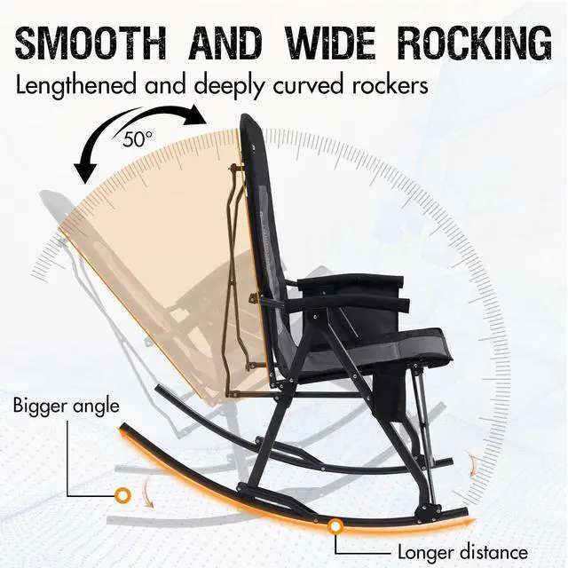 Alt view image 2 of 7 - Portal Oversized Folding Rocking Camping Chair Portable Outdoor Rocker with High Back Hard Armrests Carry Bag, Supports 400 lbs, Mesh Back, Black & Grey