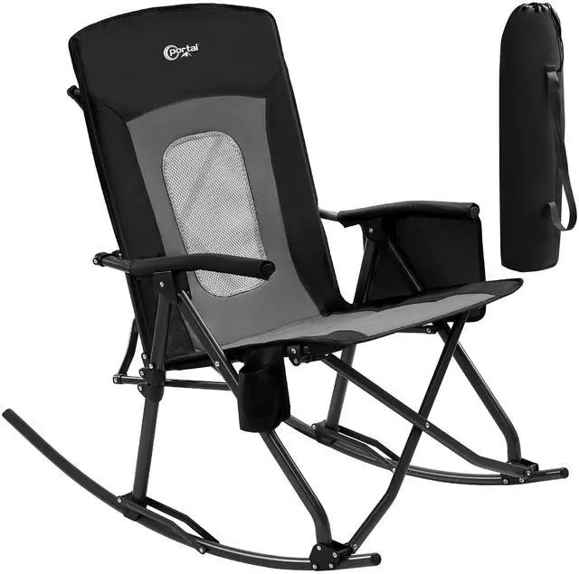 Main image of Portal Oversized Folding Rocking Camping Chair Portable Outdoor Rocker with High Back Hard Armrests Carry Bag, Supports 400 lbs, Mesh Back, Black & Grey
