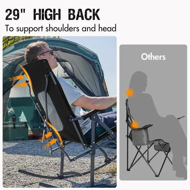 Alt view image 3 of 7 - Portal Oversized Folding Rocking Camping Chair Portable Outdoor Rocker with High Back Hard Armrests Carry Bag, Supports 400 lbs, Mesh Back, Black & Grey