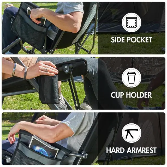 Alt view image 4 of 7 - Portal Oversized Folding Rocking Camping Chair Portable Outdoor Rocker with High Back Hard Armrests Carry Bag, Supports 400 lbs, Mesh Back, Black & Grey