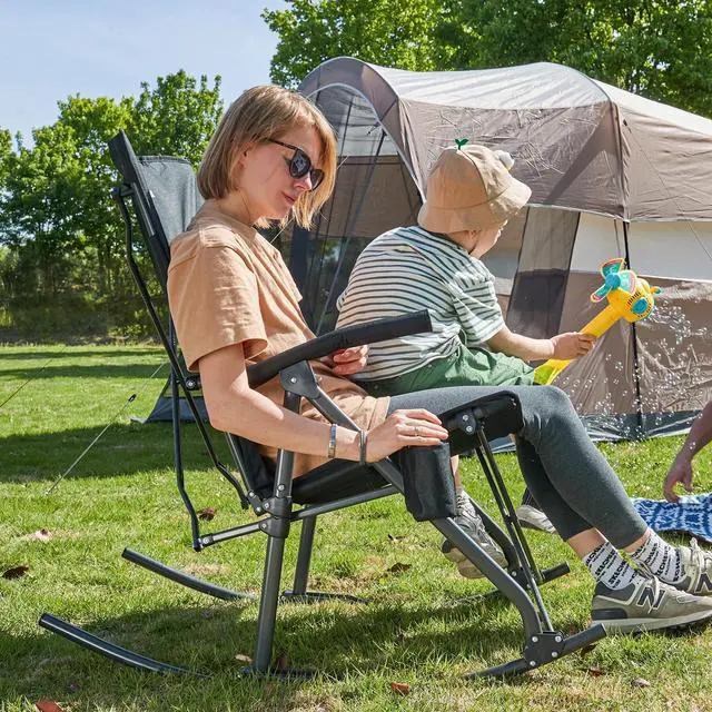 Alt view image 7 of 7 - Portal Oversized Folding Rocking Camping Chair Portable Outdoor Rocker with High Back Hard Armrests Carry Bag, Supports 400 lbs, Mesh Back, Black & Grey