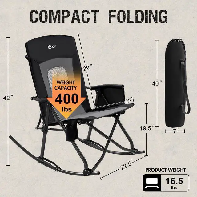 Alt view image 5 of 7 - Portal Oversized Folding Rocking Camping Chair Portable Outdoor Rocker with High Back Hard Armrests Carry Bag, Supports 400 lbs, Mesh Back, Black & Grey