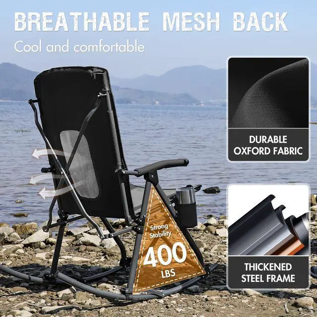 Alt view image 6 of 7 - Portal Oversized Folding Rocking Camping Chair Portable Outdoor Rocker with High Back Hard Armrests Carry Bag, Supports 400 lbs, Mesh Back, Black & Grey