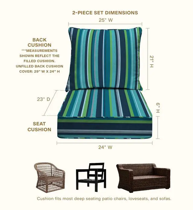 Alt view image 6 of 7 - Honeycomb Outdoor Heritage Deep Seat, 24 x 23, Stripe Poolside Chair Cushion with Removable Cover, for Patio Furniture