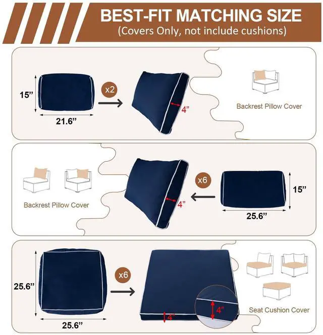 Alt view image 2 of 6 - 14 Piece Outdoor Patio Cushion Covers Replacement, Waterproof Outdoor Furniture Cushion Covers, Fit 7 Pcs 6 Seater Wicker Rattan Conversation Sofa Set, Navy Blue+White Piping(Only Cover) 25.6x25.6"