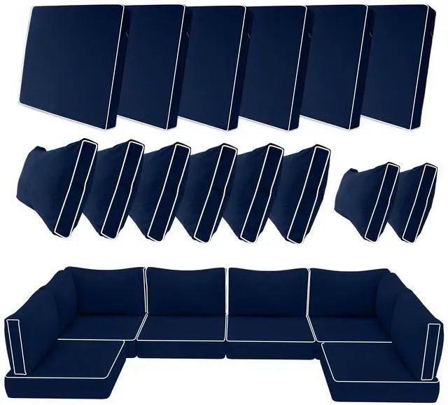 Main image of 14 Piece Outdoor Patio Cushion Covers Replacement, Waterproof Outdoor Furniture Cushion Covers, Fit 7 Pcs 6 Seater Wicker Rattan Conversation Sofa Set, Navy Blue+White Piping(Only Cover) 25.6x25.6"