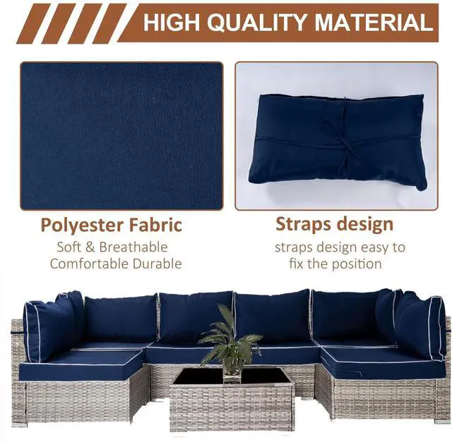 Alt view image 5 of 6 - 14 Piece Outdoor Patio Cushion Covers Replacement, Waterproof Outdoor Furniture Cushion Covers, Fit 7 Pcs 6 Seater Wicker Rattan Conversation Sofa Set, Navy Blue+White Piping(Only Cover) 25.6x25.6"
