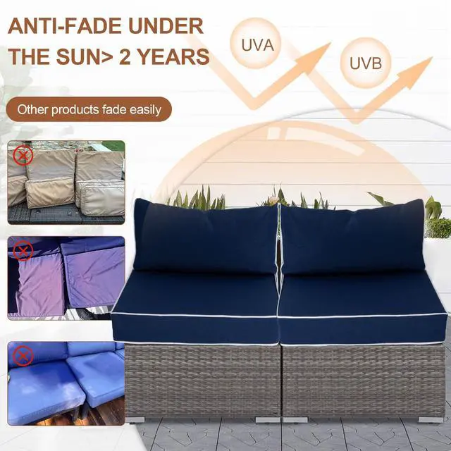 Alt view image 6 of 6 - 14 Piece Outdoor Patio Cushion Covers Replacement, Waterproof Outdoor Furniture Cushion Covers, Fit 7 Pcs 6 Seater Wicker Rattan Conversation Sofa Set, Navy Blue+White Piping(Only Cover) 25.6x25.6"