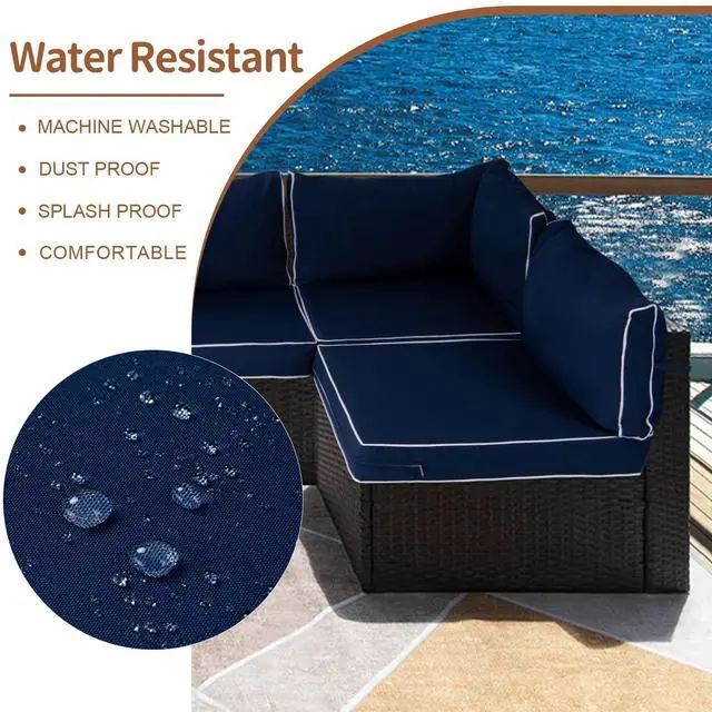 Alt view image 4 of 6 - 14 Piece Outdoor Patio Cushion Covers Replacement, Waterproof Outdoor Furniture Cushion Covers, Fit 7 Pcs 6 Seater Wicker Rattan Conversation Sofa Set, Navy Blue+White Piping(Only Cover) 25.6x25.6"
