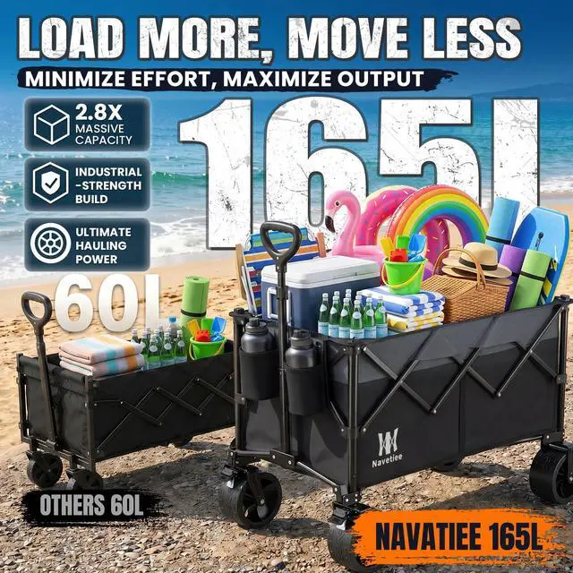 Alt view image 2 of 7 - Navatiee 330Lbs Collapsible Folding Wagon, Beach Wagon Cart Heavy Duty Foldable with Big Wheels, Utility Grocery Wagon with 165L Large Capacity for Camping Garden Sports, Black
