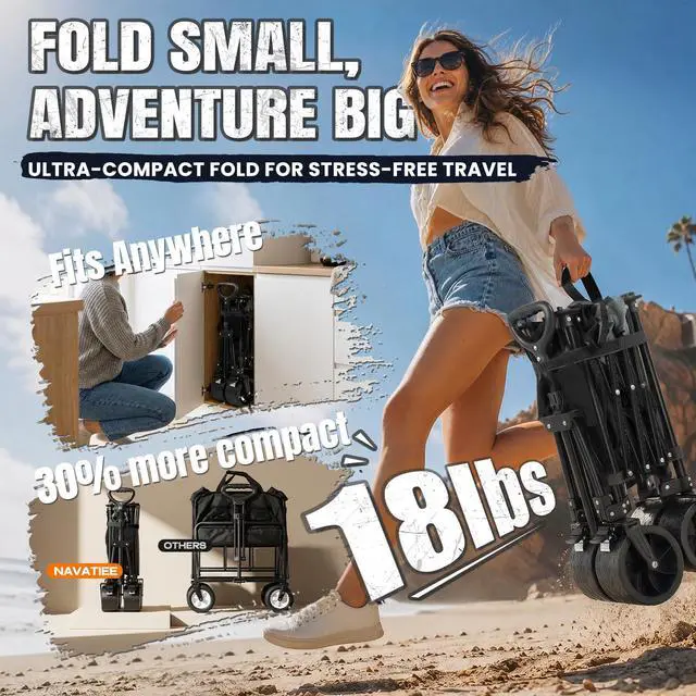 Alt view image 3 of 7 - Navatiee 330Lbs Collapsible Folding Wagon, Beach Wagon Cart Heavy Duty Foldable with Big Wheels, Utility Grocery Wagon with 165L Large Capacity for Camping Garden Sports, Black