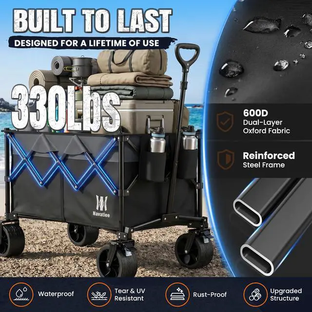 Alt view image 4 of 7 - Navatiee 330Lbs Collapsible Folding Wagon, Beach Wagon Cart Heavy Duty Foldable with Big Wheels, Utility Grocery Wagon with 165L Large Capacity for Camping Garden Sports, Black