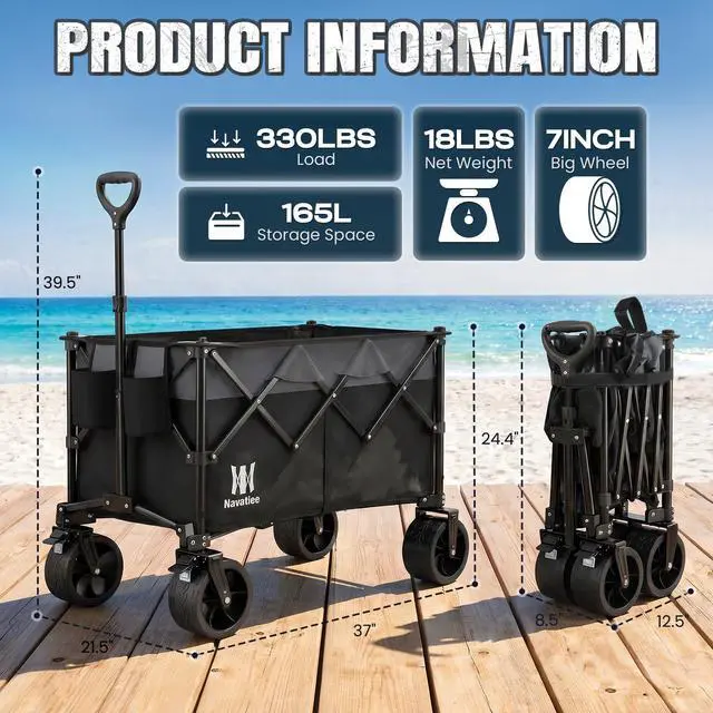 Alt view image 6 of 7 - Navatiee 330Lbs Collapsible Folding Wagon, Beach Wagon Cart Heavy Duty Foldable with Big Wheels, Utility Grocery Wagon with 165L Large Capacity for Camping Garden Sports, Black