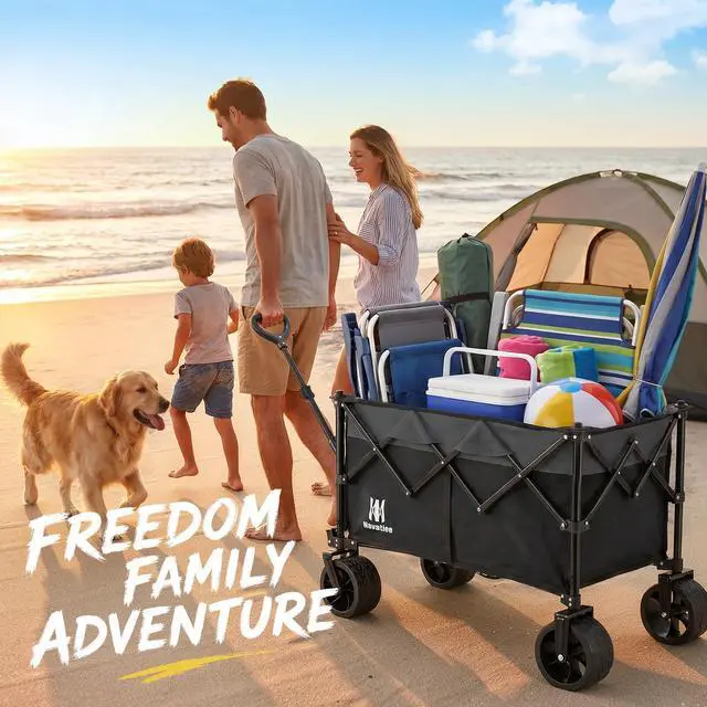 Alt view image 7 of 7 - Navatiee 330Lbs Collapsible Folding Wagon, Beach Wagon Cart Heavy Duty Foldable with Big Wheels, Utility Grocery Wagon with 165L Large Capacity for Camping Garden Sports, Black