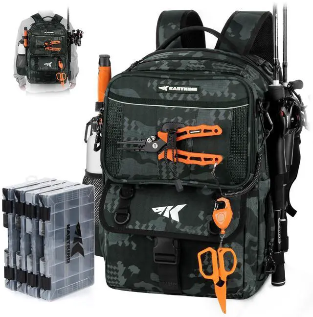 Main image of KastKing BaitSpace 50L Fishing Tackle Backpack with Removable Bait Binder & 4 Tackle Boxes,2 Rod Holders Storage Fishing Gear and Equipment,Black Camo