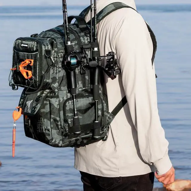 Alt view image 2 of 7 - KastKing BaitSpace 50L Fishing Tackle Backpack with Removable Bait Binder & 4 Tackle Boxes,2 Rod Holders Storage Fishing Gear and Equipment,Black Camo