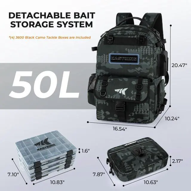 Alt view image 3 of 7 - KastKing BaitSpace 50L Fishing Tackle Backpack with Removable Bait Binder & 4 Tackle Boxes,2 Rod Holders Storage Fishing Gear and Equipment,Black Camo